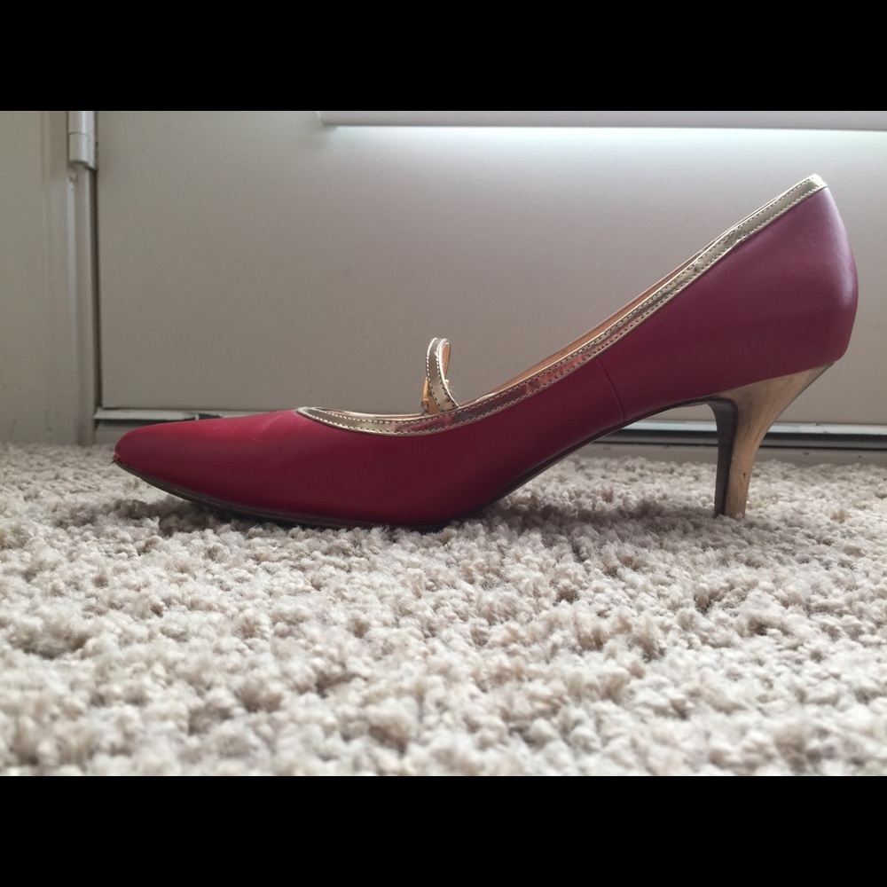 Cole Haan Red Pointed-Toe Mary Jane Heels with Gold Trim - Picture 2 of 2
